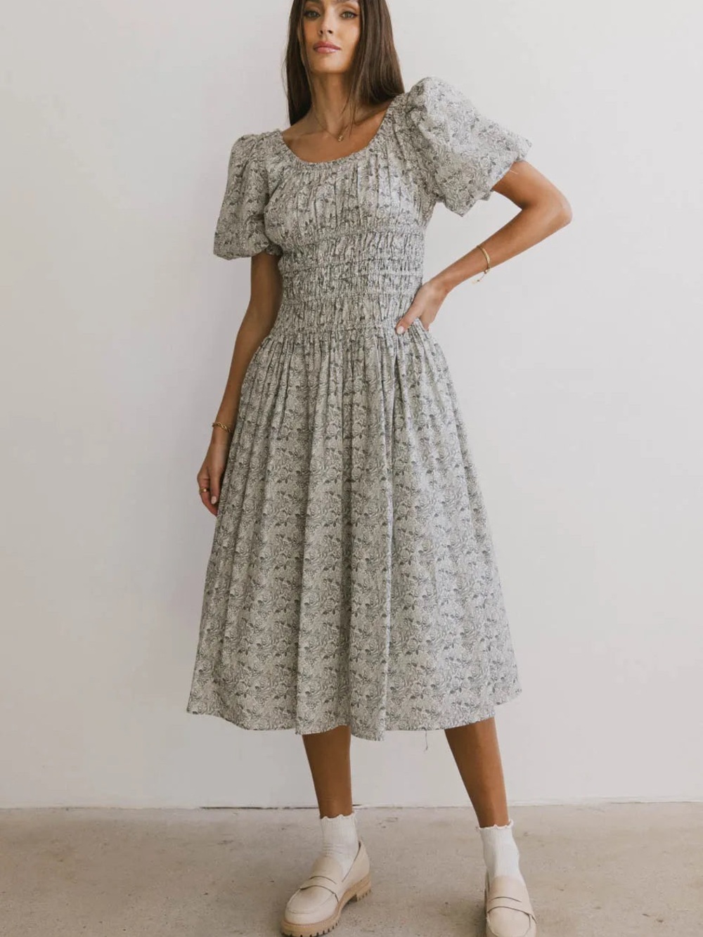 bohme Blue Floral Smocked Puff-Sleeve Midi Dress